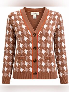 Charlie Paige Houndstooth Cardigan Sweater Medium Brown
